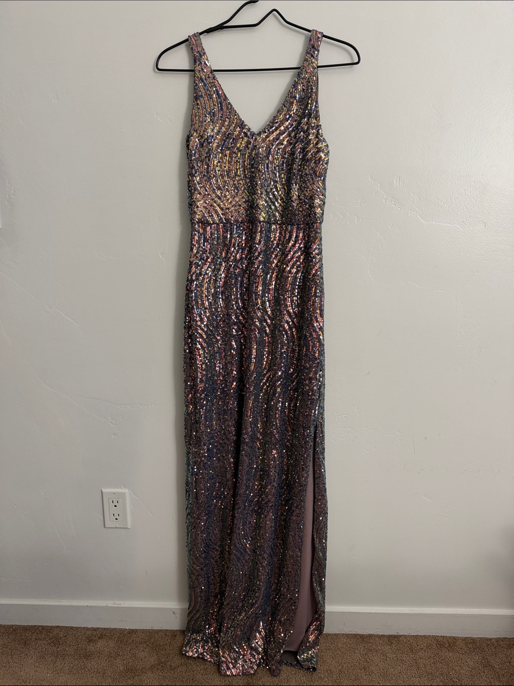 Iridescent Multicolor Sequin V-Neck Maxi Dress